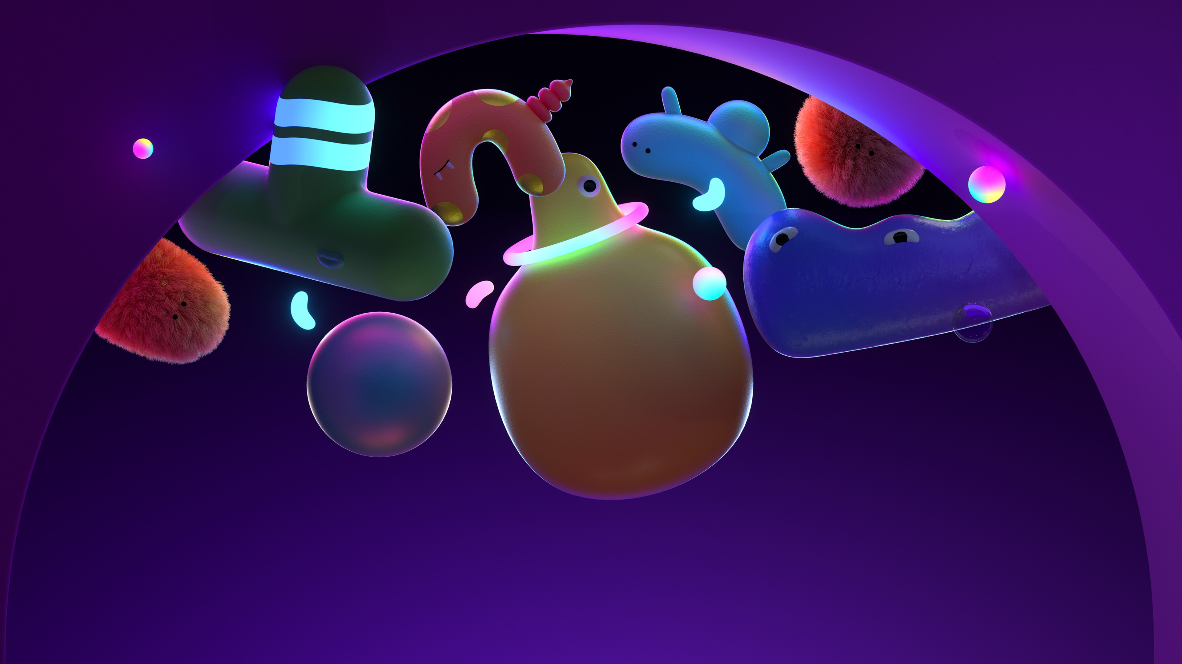 Neon glow Fuzzy Monsters ultra HD 4K wallpaper