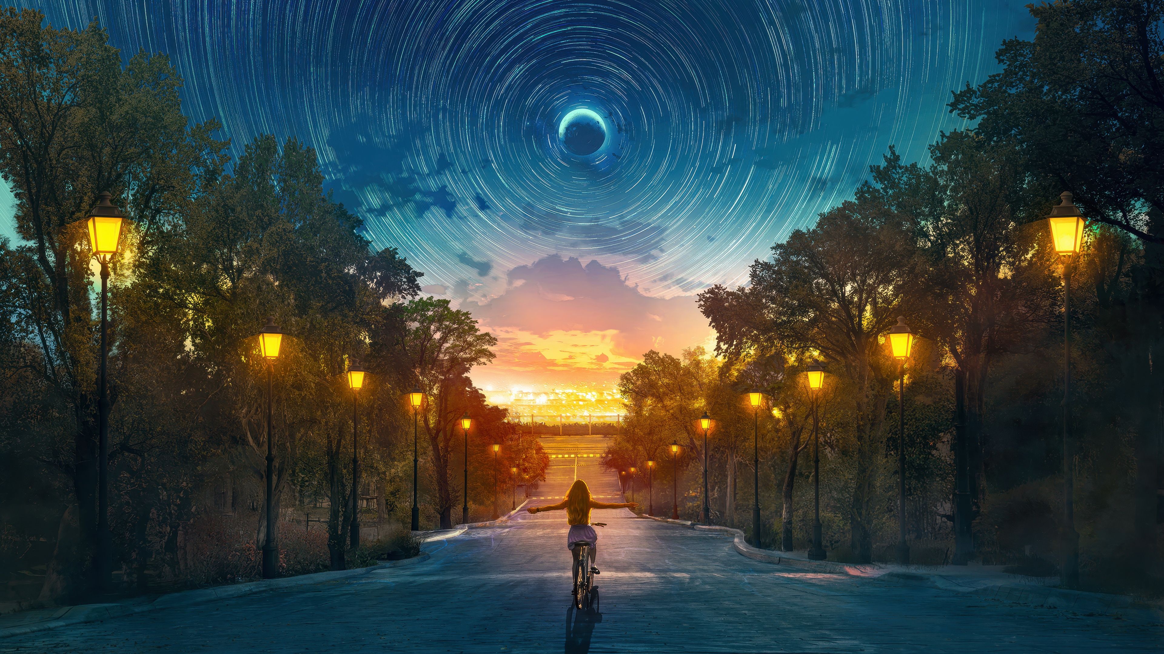 Moon Star Trails ultra HD 4K wallpaper