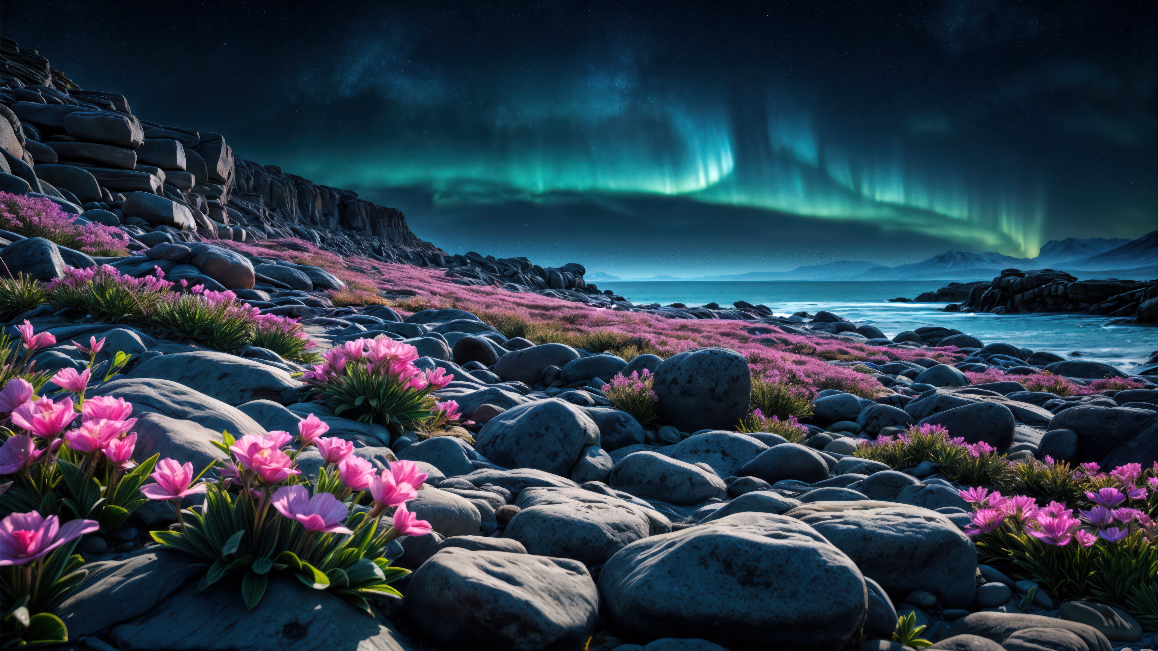 Rocky beach Aurora sky ultra HD 4K wallpaper