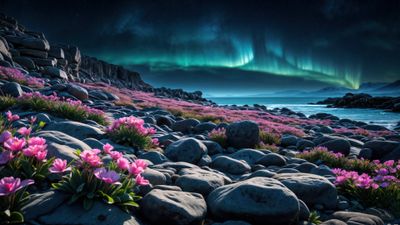 Rocky beach Aurora sky ultra HD 4K wallpaper