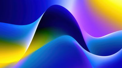 A series of smooth, undulating waves flow across the image in vibrant gradient colors, including bold blues, purples, and yellows, creating a dynamic and energetic visual experience.