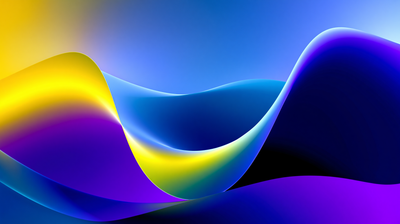 Abstract waves in vibrant gradient colors of blue, purple, and yellow flow harmoniously across the image, creating a dynamic and uplifting mood.