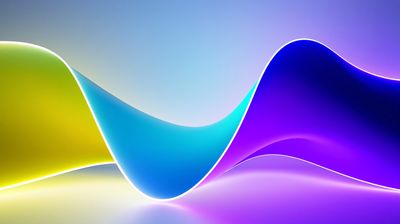 Colorful abstract waves in vibrant shades of green, blue, and purple flow gracefully across the image, creating a dynamic and energetic mood against a soft gradient background.