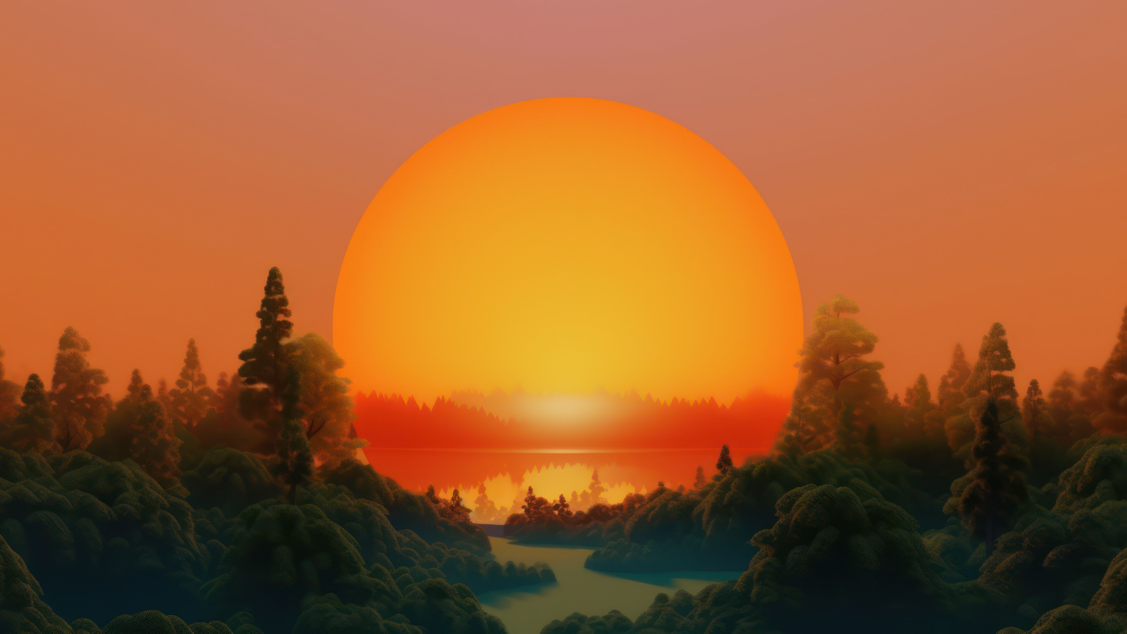 Sunset Over a Lake Scenery 4K Wallpaper