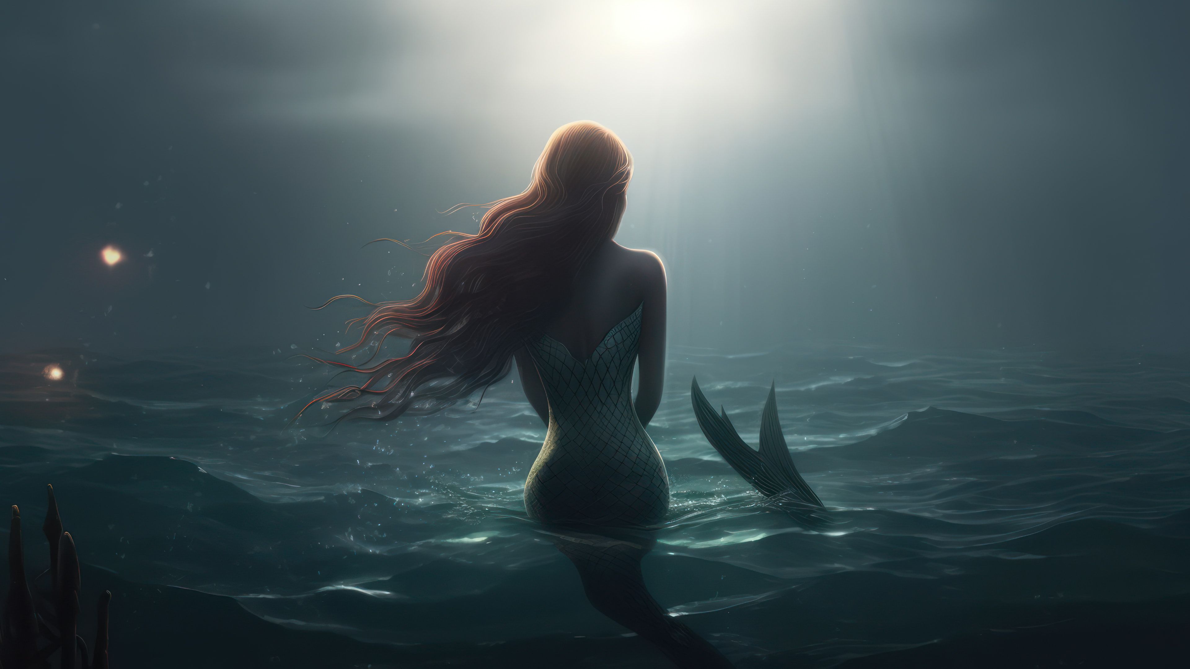 Lonely Mermaid in The Sea 4K Wallpaper
