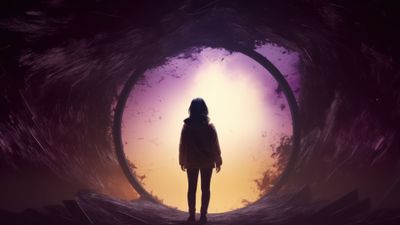 Girl Walking Through Portal 4K Wallpaper