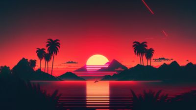 Palm Trees Sunset Scenery Digital Art 4K Wallpaper