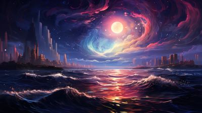 Moonlight Sea Futuristic Neon Waves 4K Wallpaper