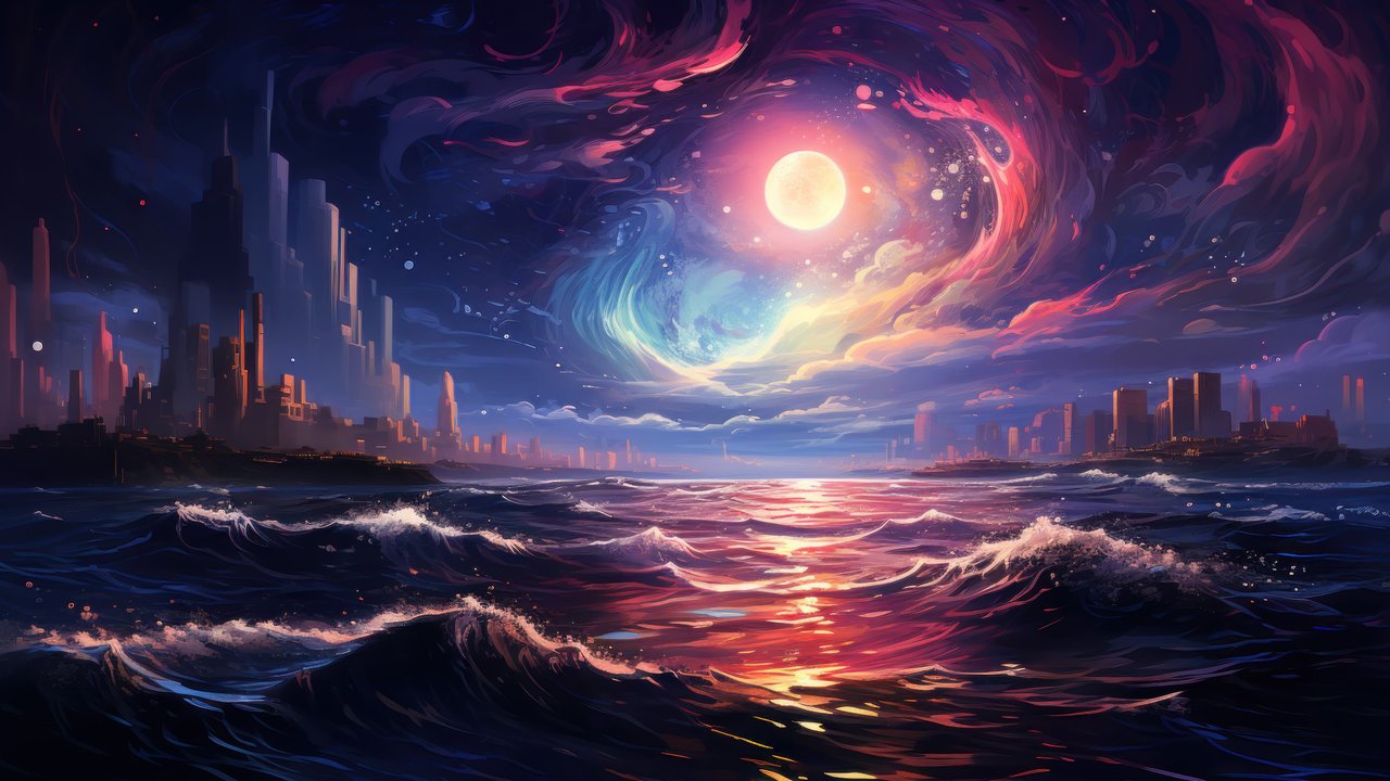 Moonlight Sea Futuristic Neon Waves 4K Wallpaper