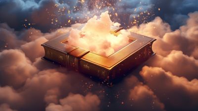 A Shiny Magical Book Surrounded By Clouds 4K Wallpaper