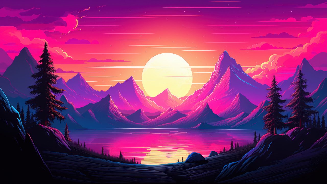 Sunset Mountain Retrowave Scenery 4K Wallpaper