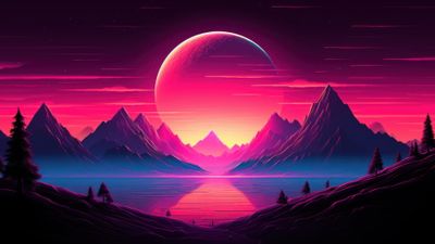Retrowave Sunset Over Mountains 4K Wallpaper