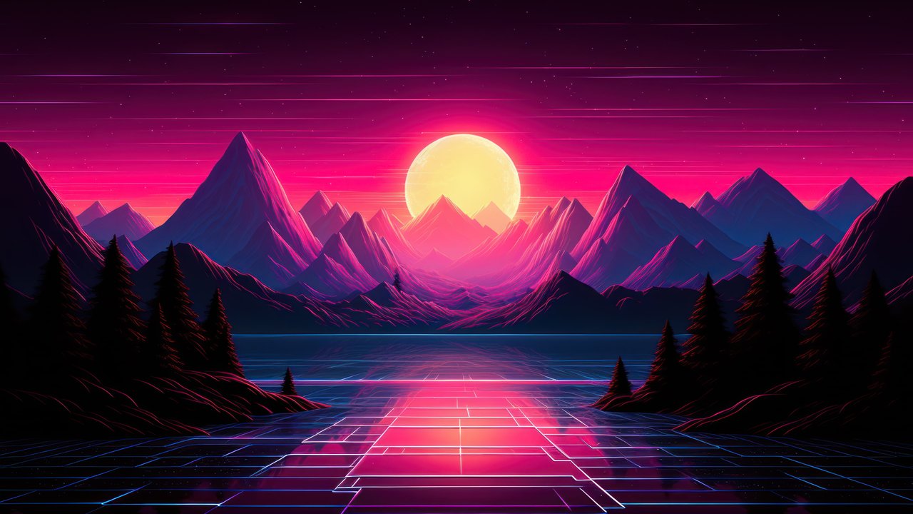 Retrowave Sunset on the Mountains 4K Wallpaper