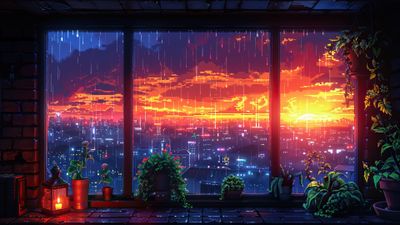 Rainy Sunset Cityscape 4K Wallpaper
