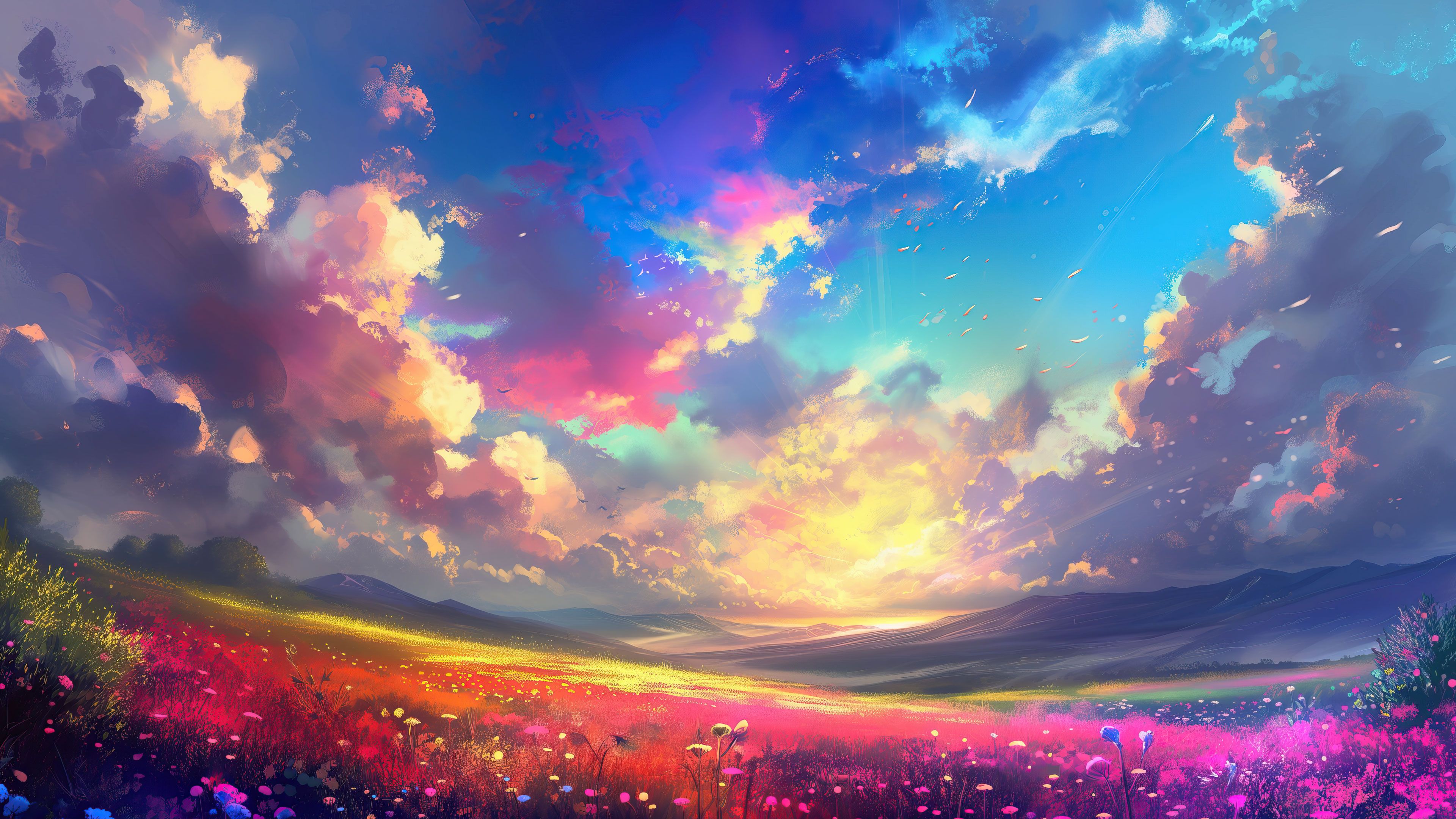 Rainbow Clouds And Flower Fields 4K Wallpaper