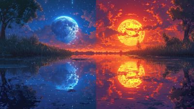 Moonlit Night And Fiery Sunset 4K PC Wallpaper
