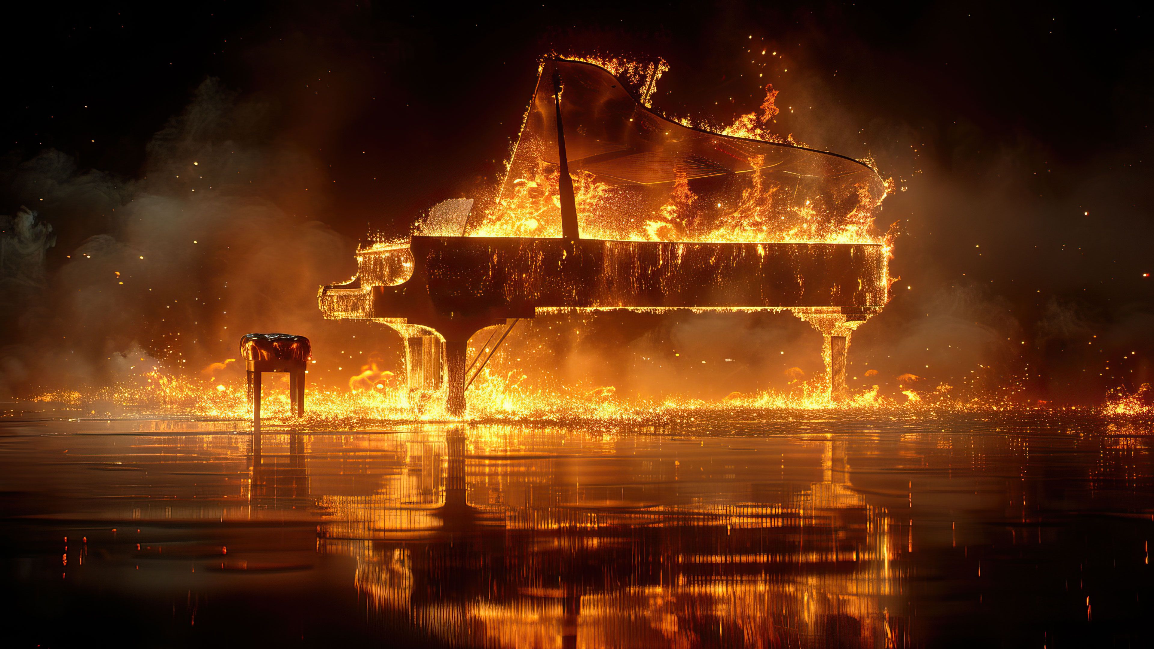 Fiery Grand Piano 4K Wallpaper