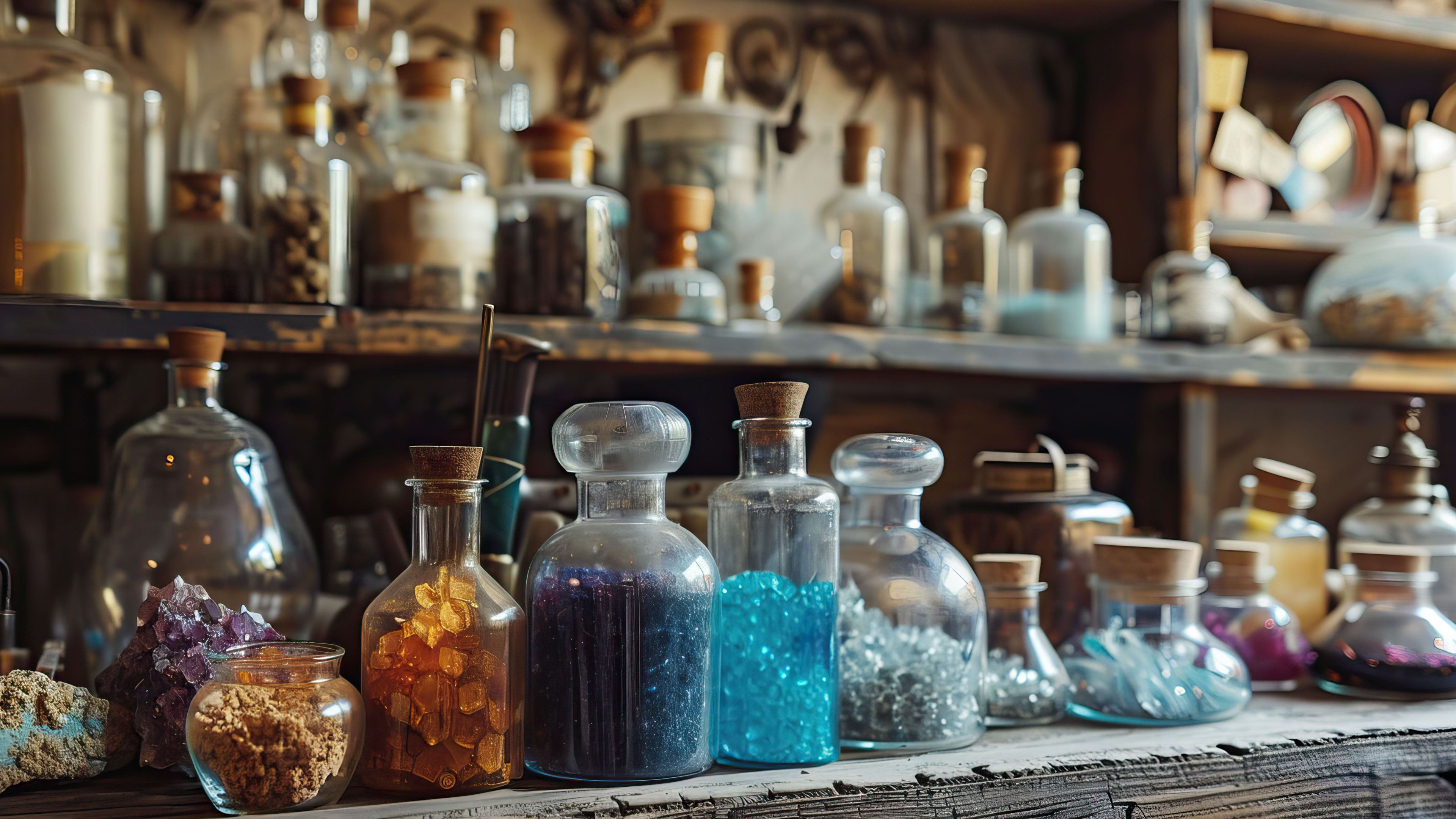 Alchemist Lab With Potion Bottles 4K Wallpaper