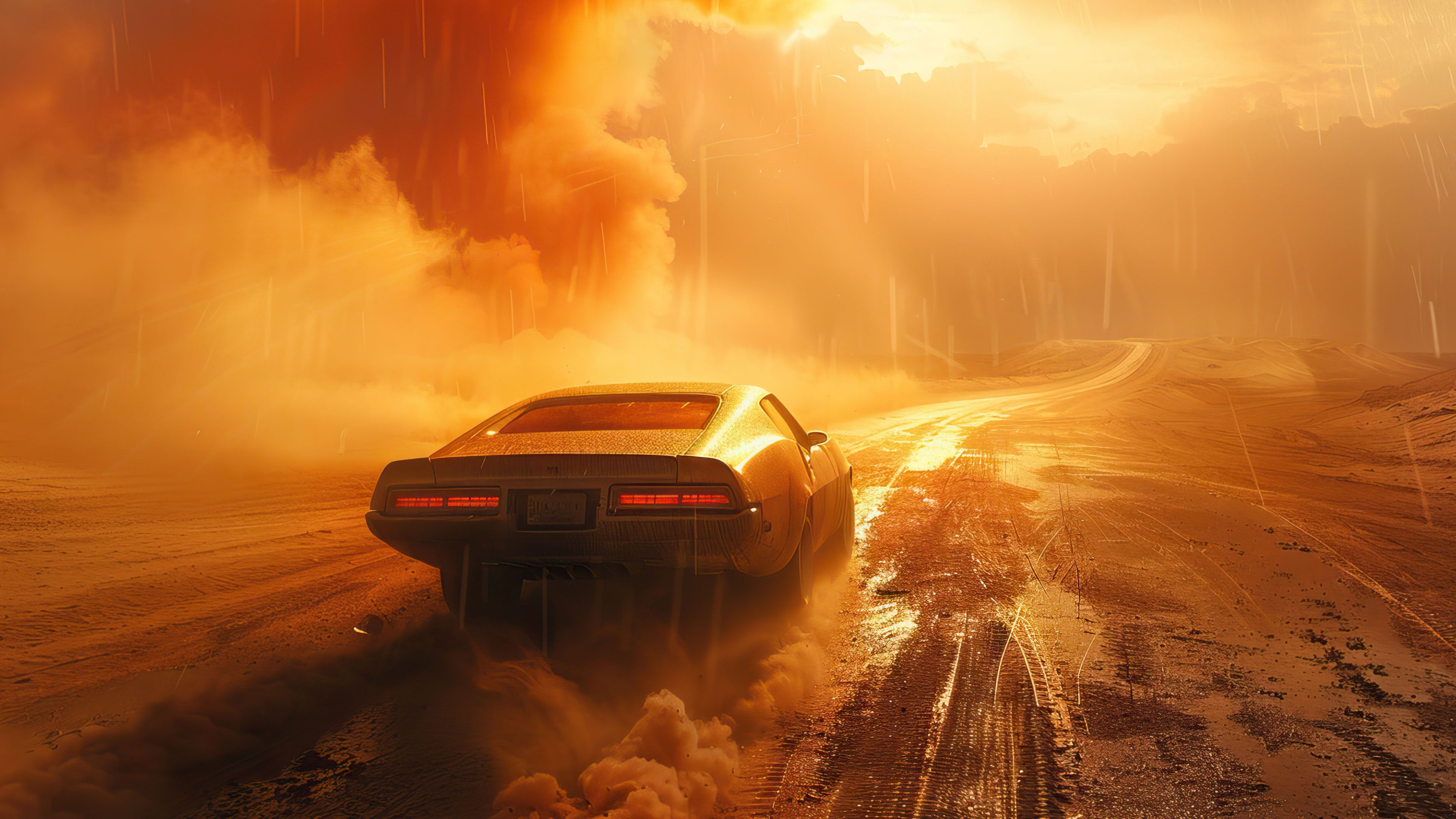 Sunset Car Ride Through Desert 4K Wallpaper