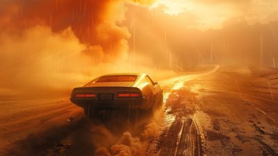 Sunset Car Ride Through Desert 4K Wallpaper