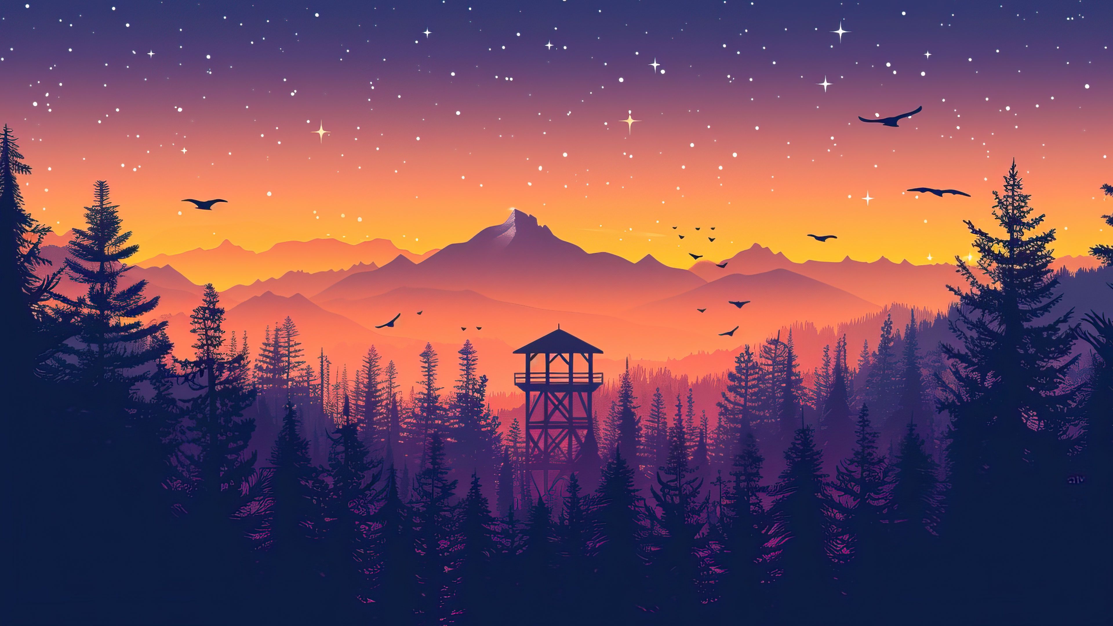 Sunset Watchtower Landscape 4K Wallpaper