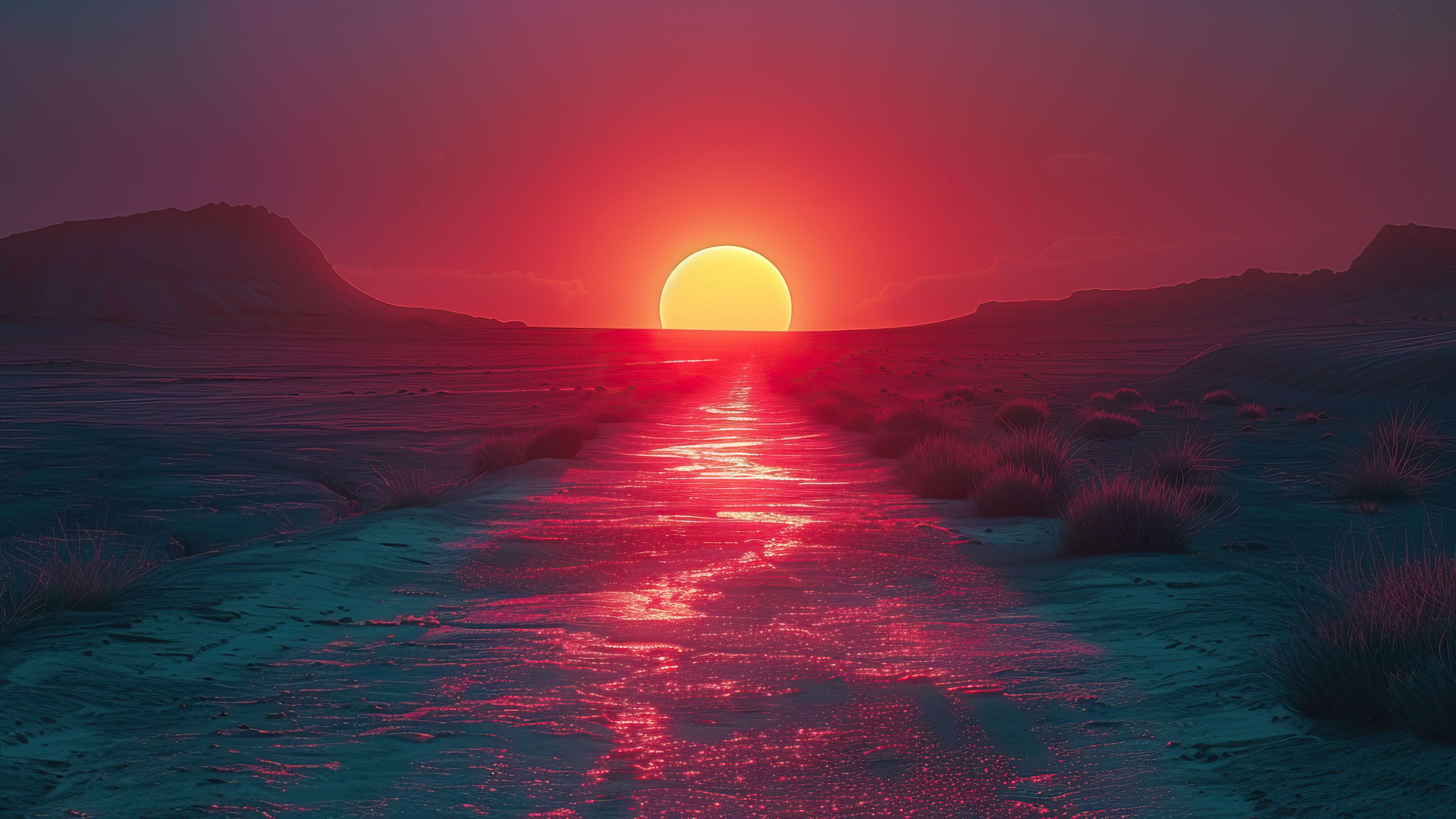 Red Sunset In Desert 4K Wallpaper