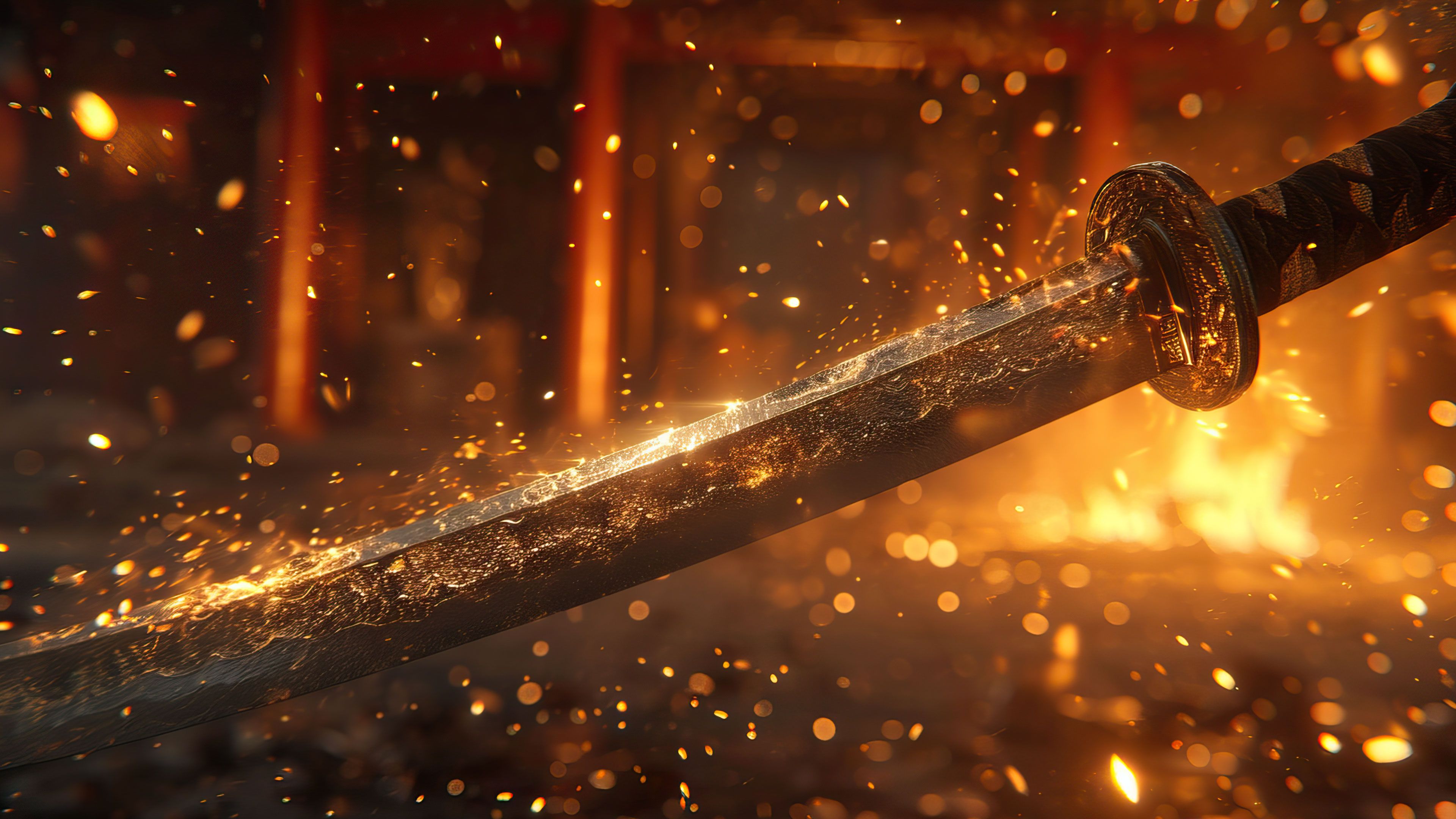 Glowing Katana Blade In Fire 4K Wallpaper
