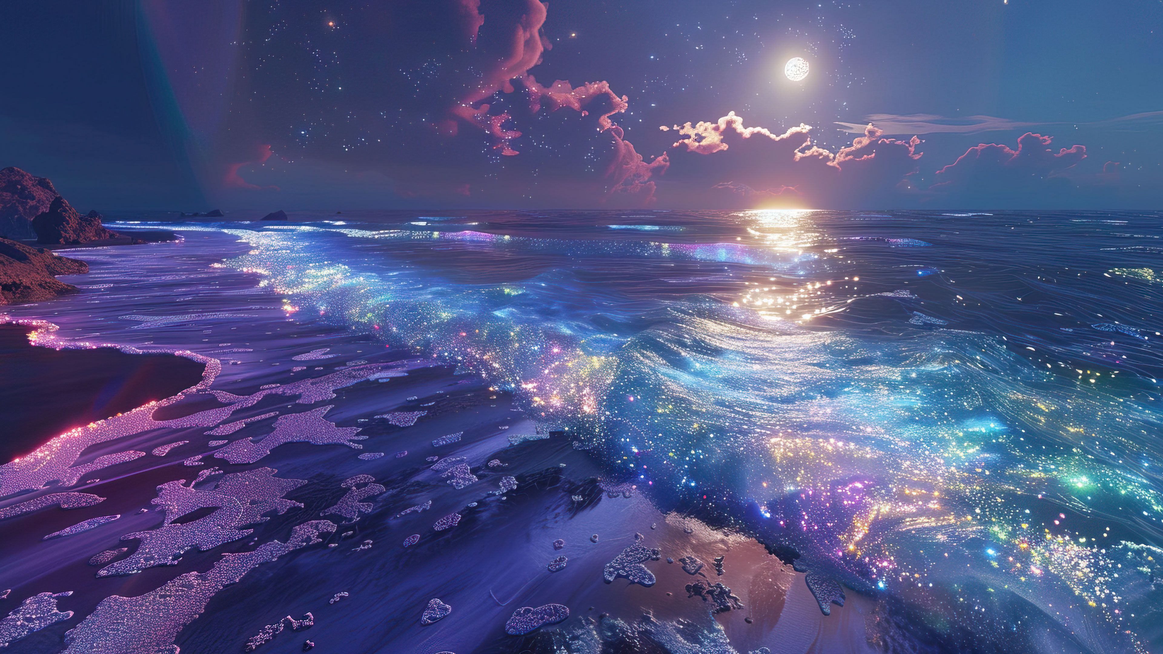 Bioluminescent Night Beach 4K Wallpaper