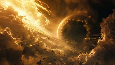 Planet Amidst Cosmic Clouds 4K Wallpaper