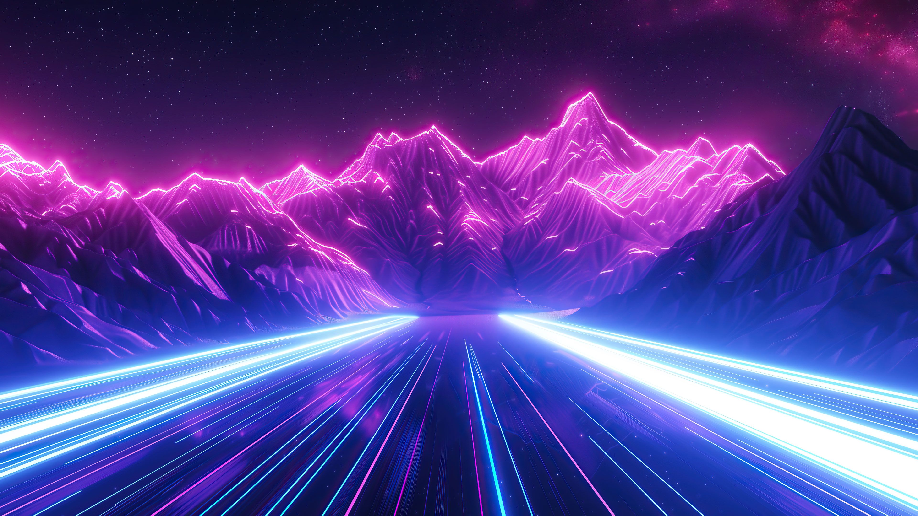 Futuristic Neon Mountains And Light Trails 4K Wallpaper