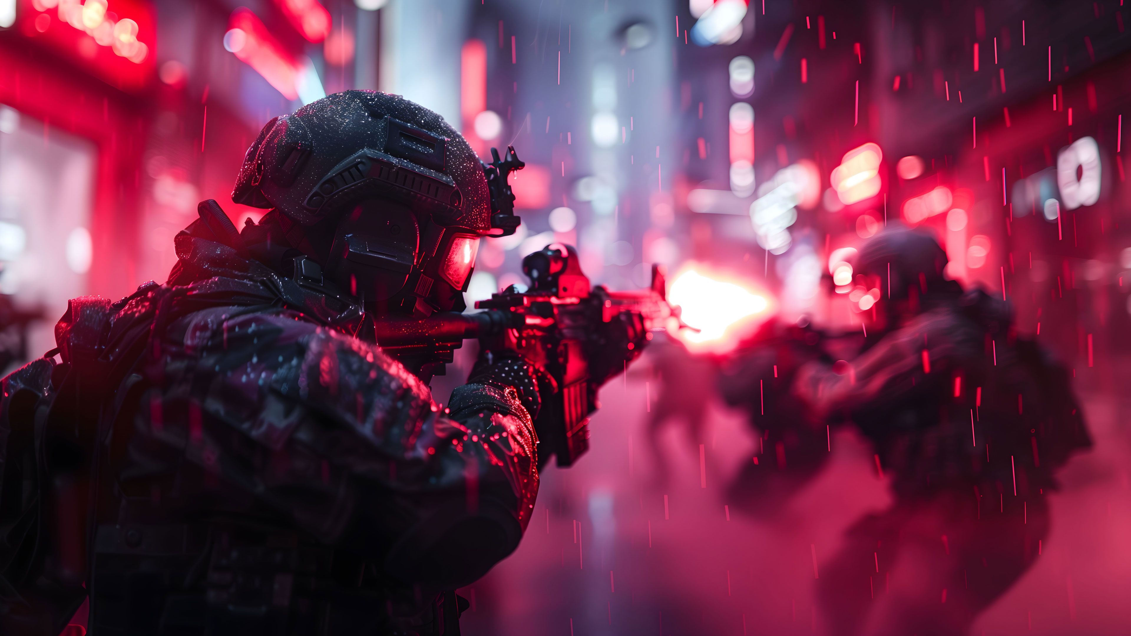 Futuristic Soldiers Neon Rain 4K Wallpaper