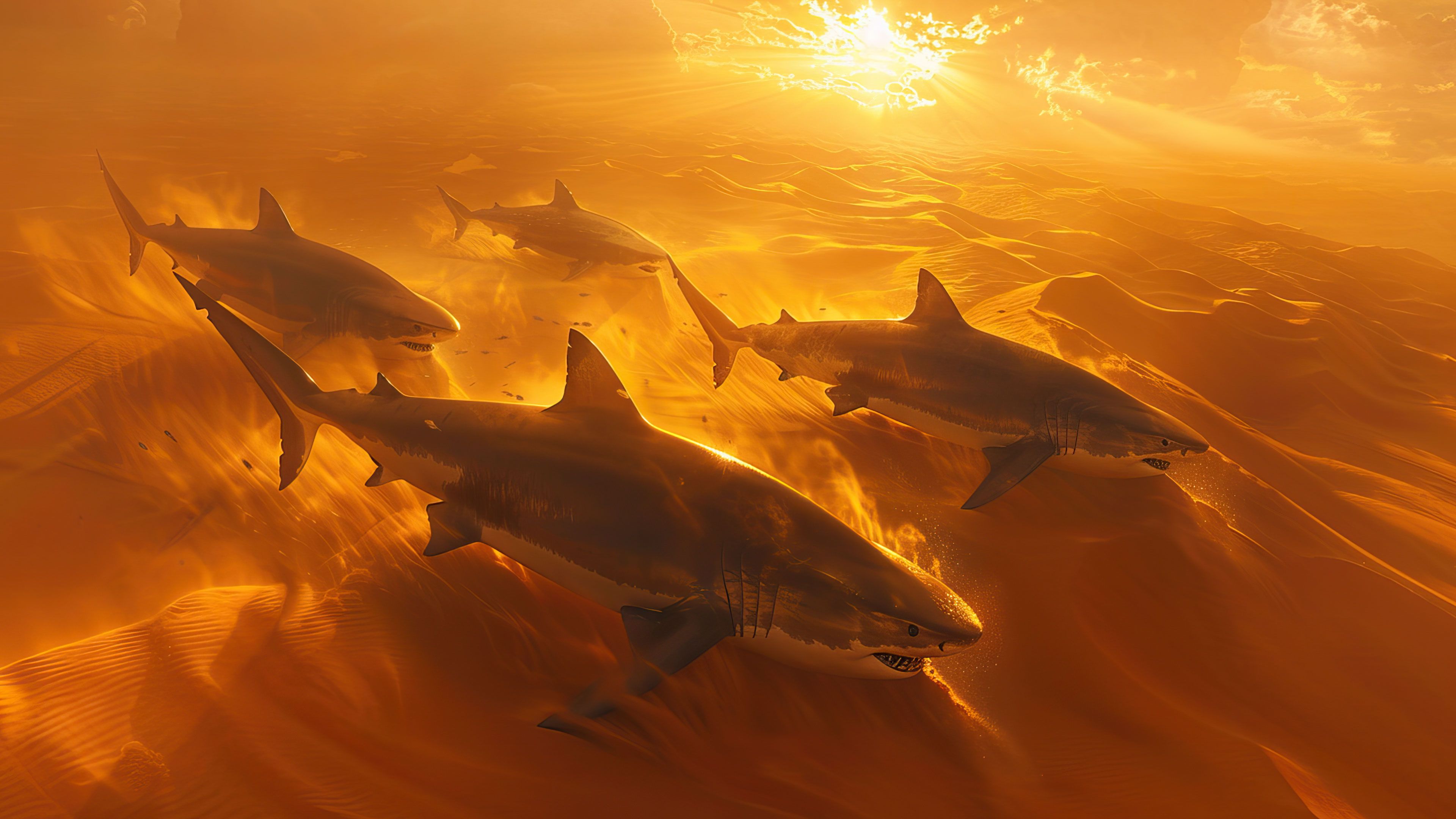 Sharks Swimming In Sand 4K Wallpaper