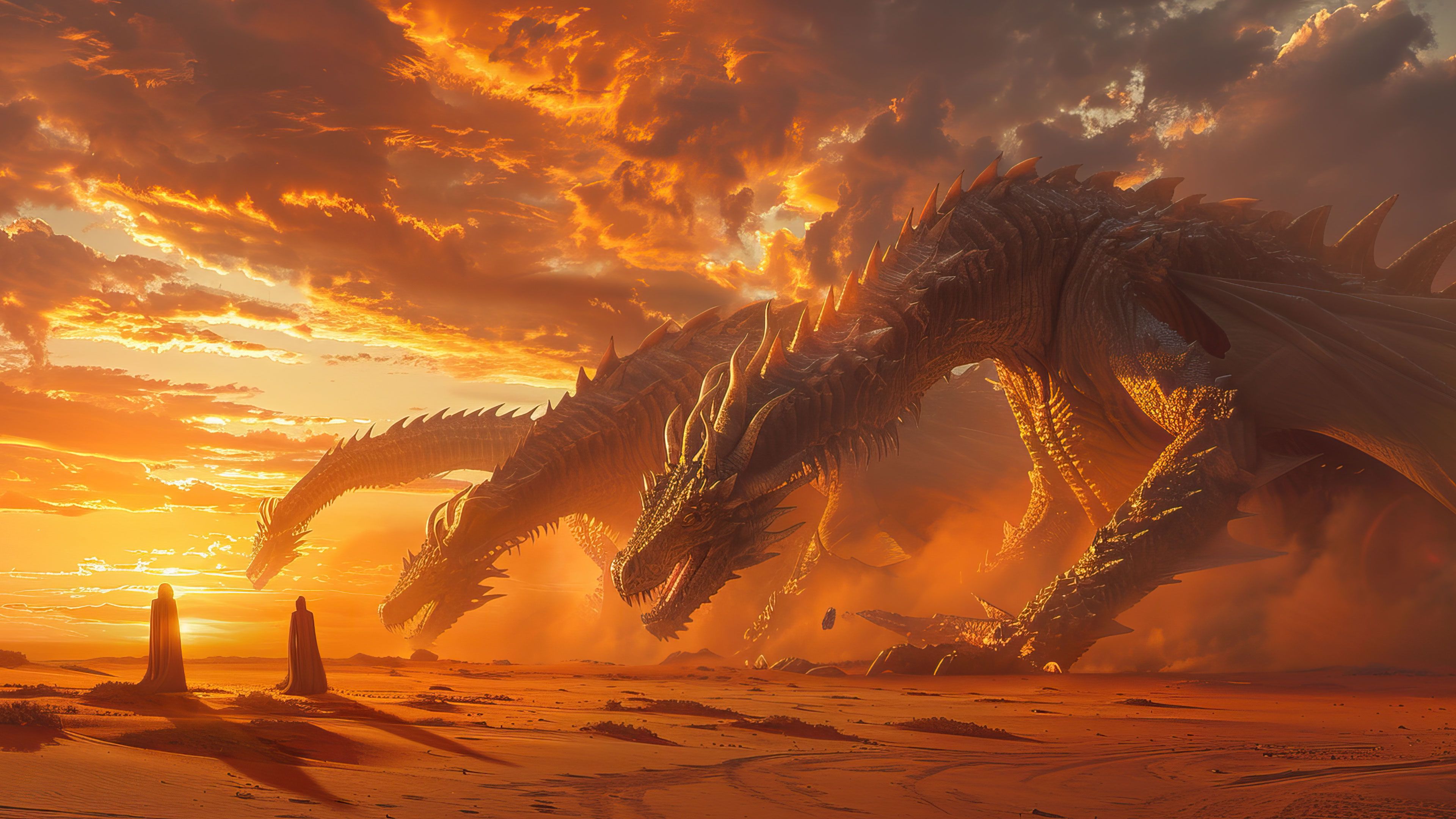 Dragons In Fiery Sunset 4K Wallpaper