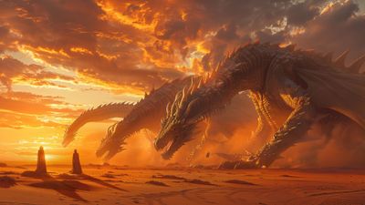 Dragons In Fiery Sunset 4K Wallpaper