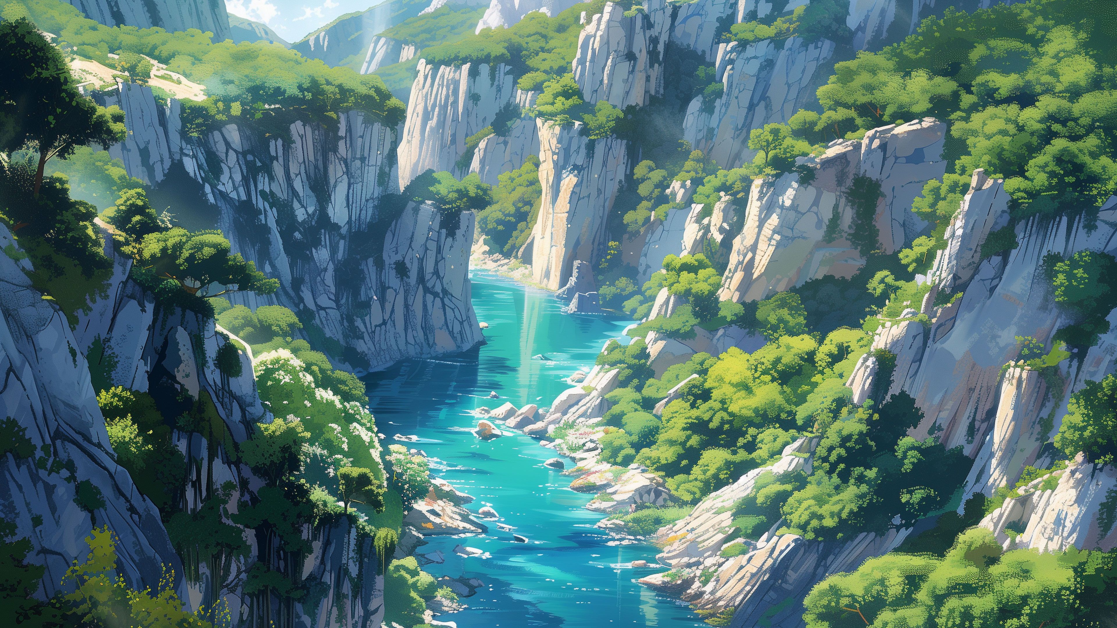 River Valley Lush Cliffs 4K Wallpaper
