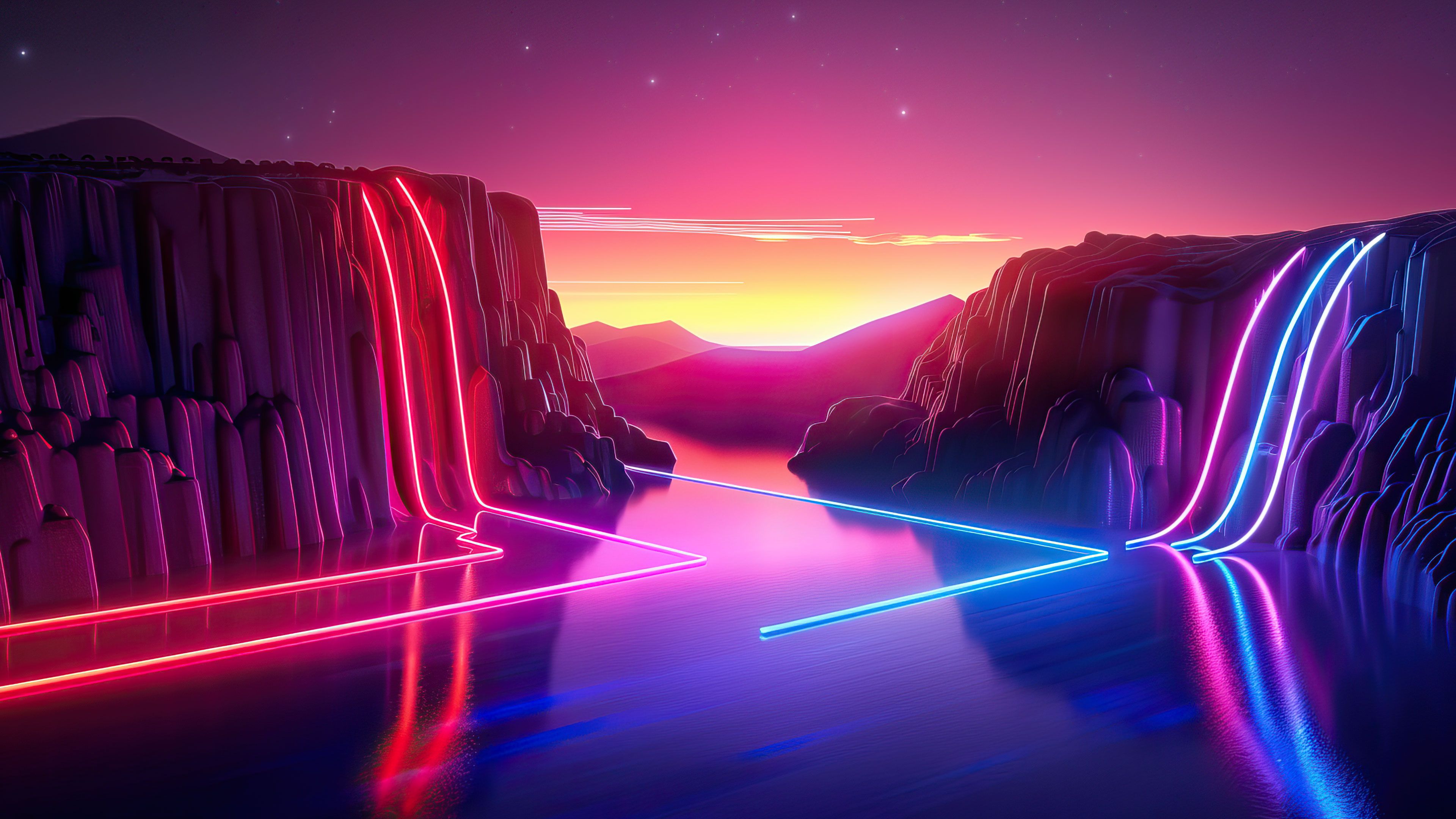 Neon Mountain Lake 4K Wallpaper
