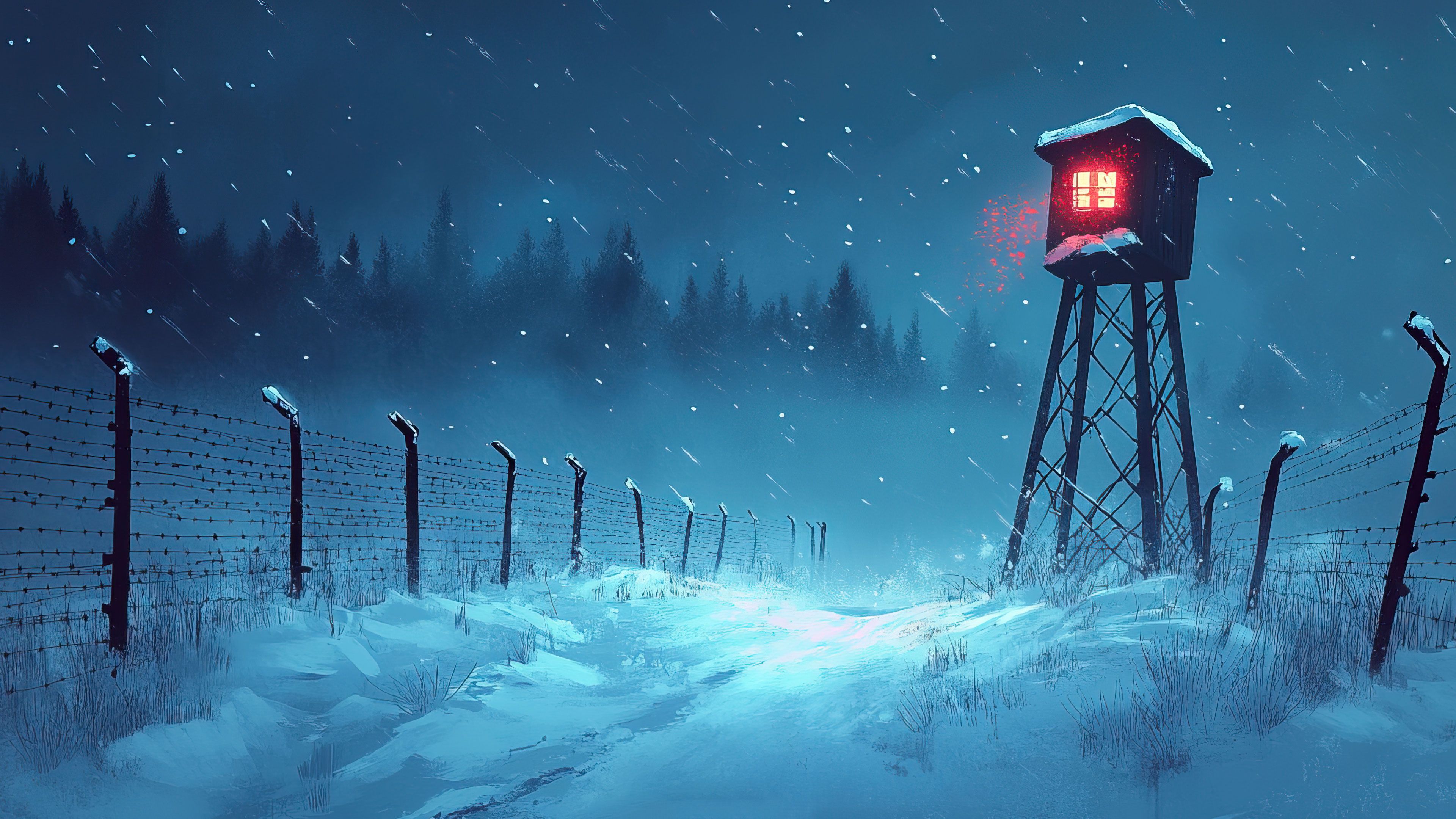 Winter Night Watchtower 4K Wallpaper