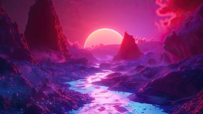Surreal Neon Pink Sky Mountains 4K Wallpaper