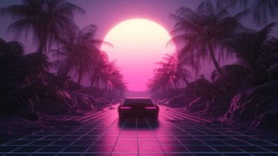 Synthwave Car Journey At Dusk 4K Wallpaper