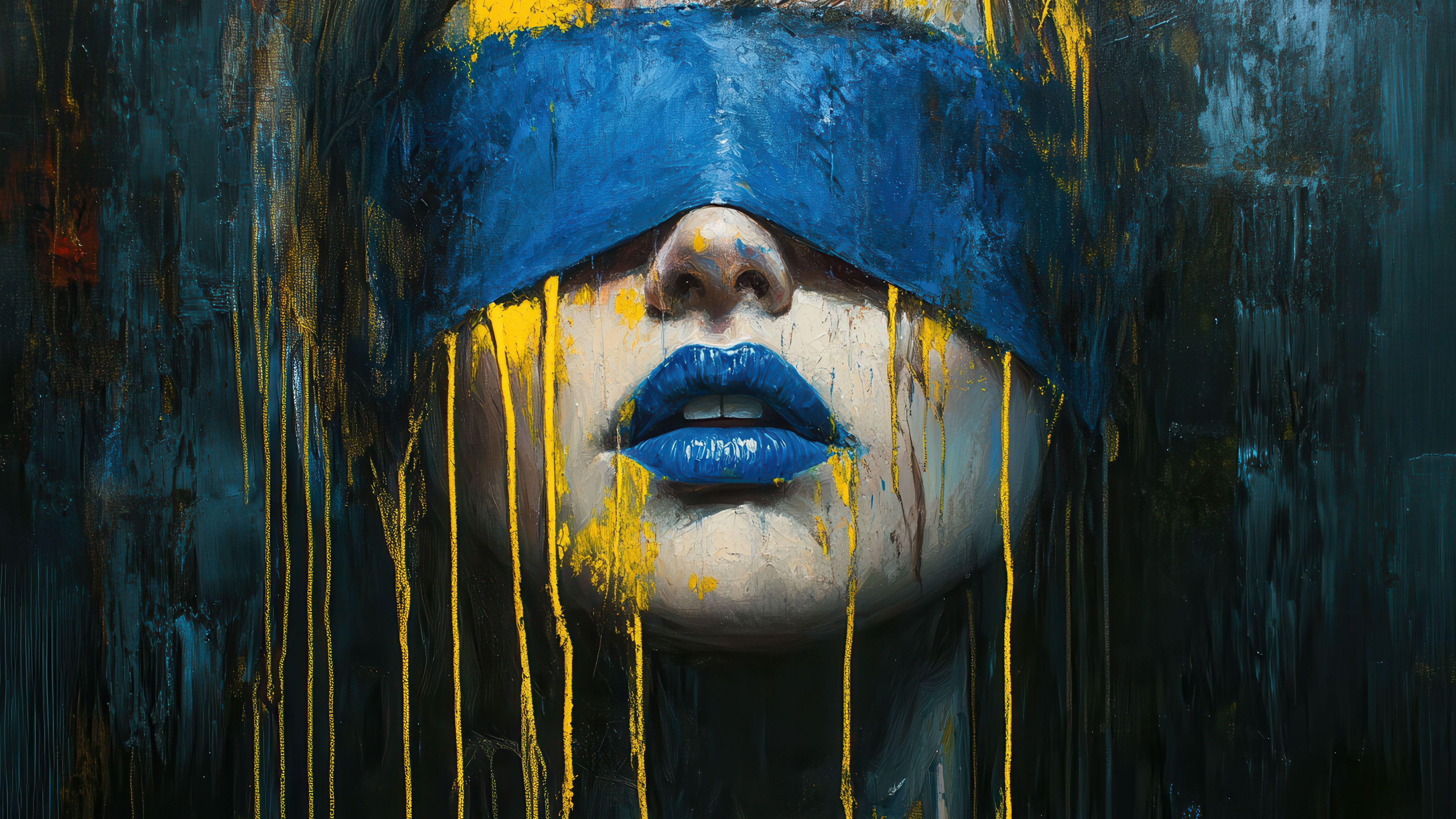Blindfolded Portrait In Blue And Yellow 4K Wallpaper