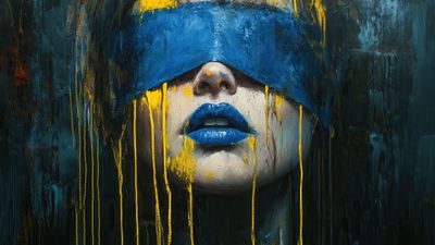 Blindfolded Portrait In Blue And Yellow 4K Wallpaper