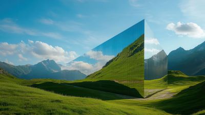 Modern Mirror Cube Reflecting Alpine Scenery 4K Wallpaper