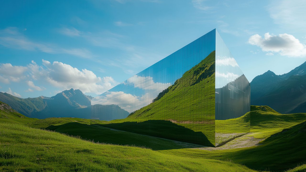 Modern Mirror Cube Reflecting Alpine Scenery 4K Wallpaper