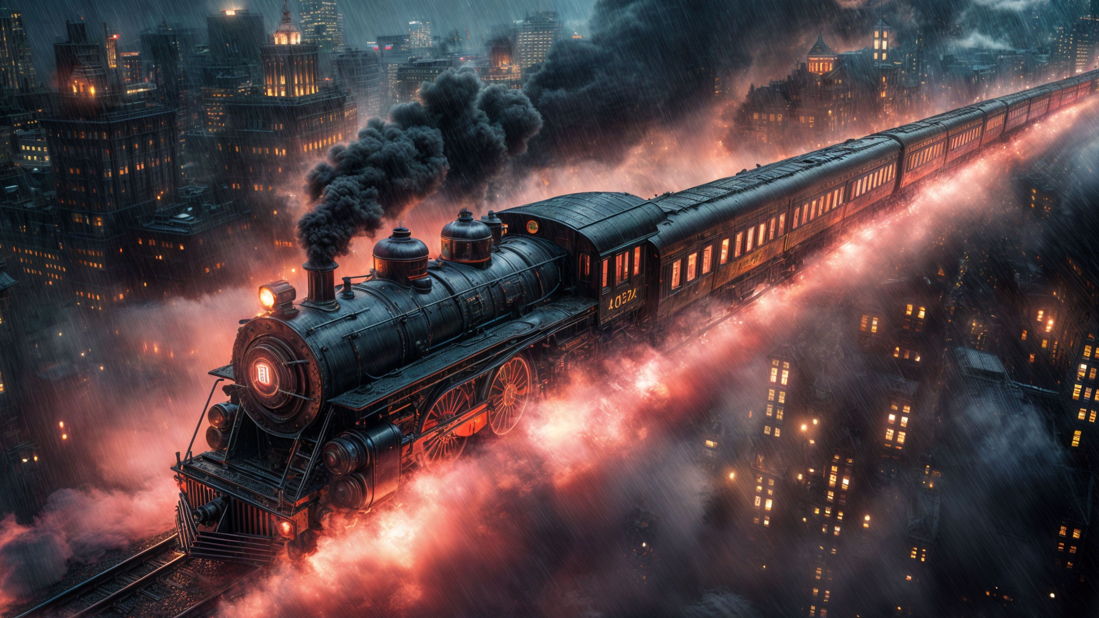 Steam Train Cityscape At Night 4K Wallpaper