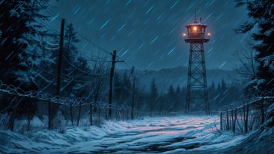 Winter Watchtower Under Snowy Night Sky 4K Wallpaper