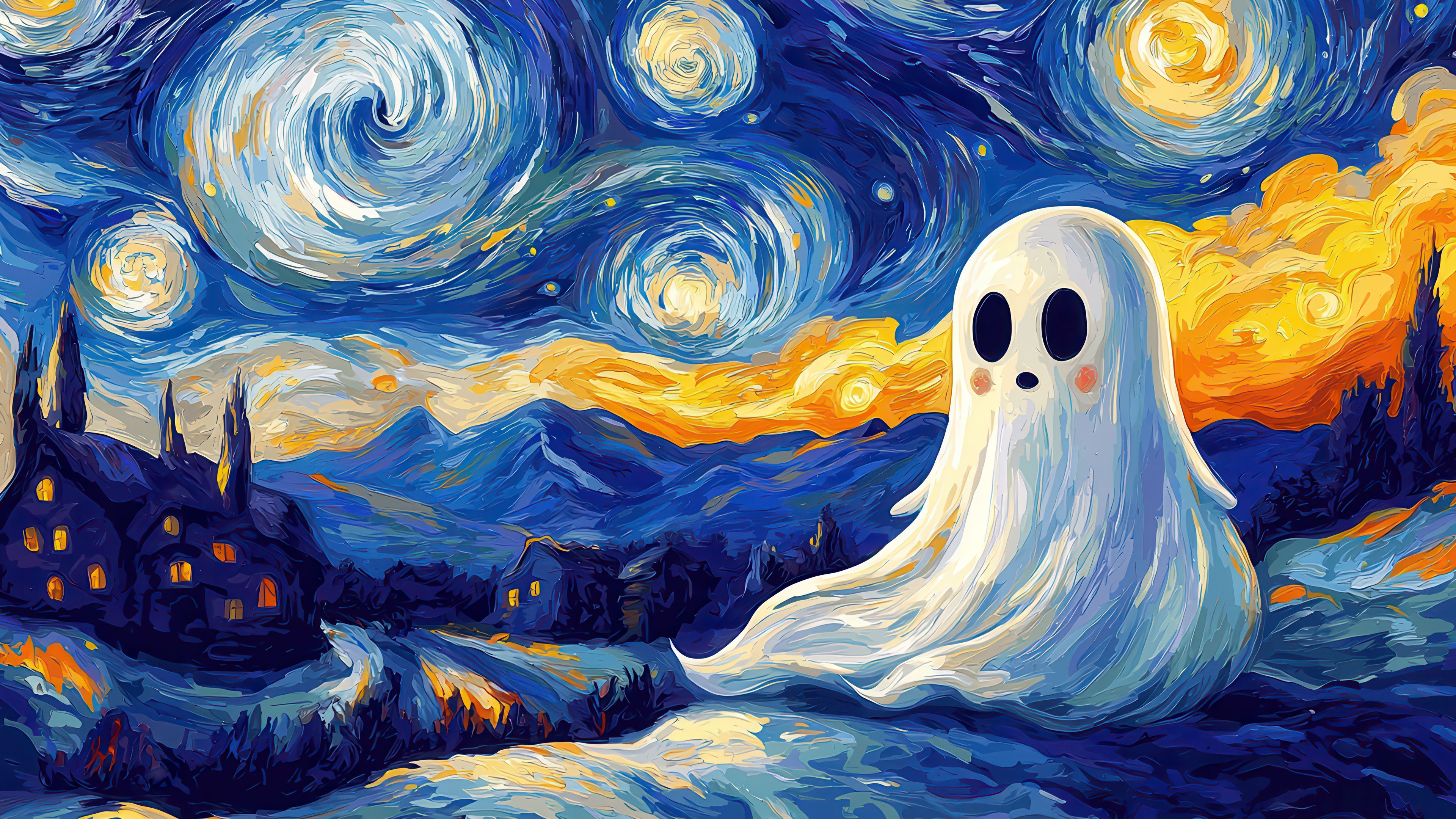 Van Gogh-Style Ghost Under Sky 4K Wallpaper