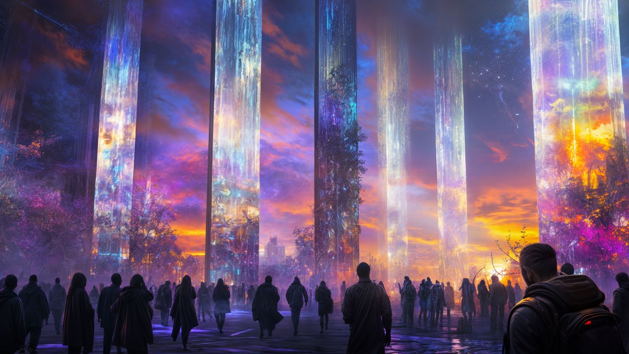 Epic Fantasy Glow Pillars And Crowd 4K Wallpaper