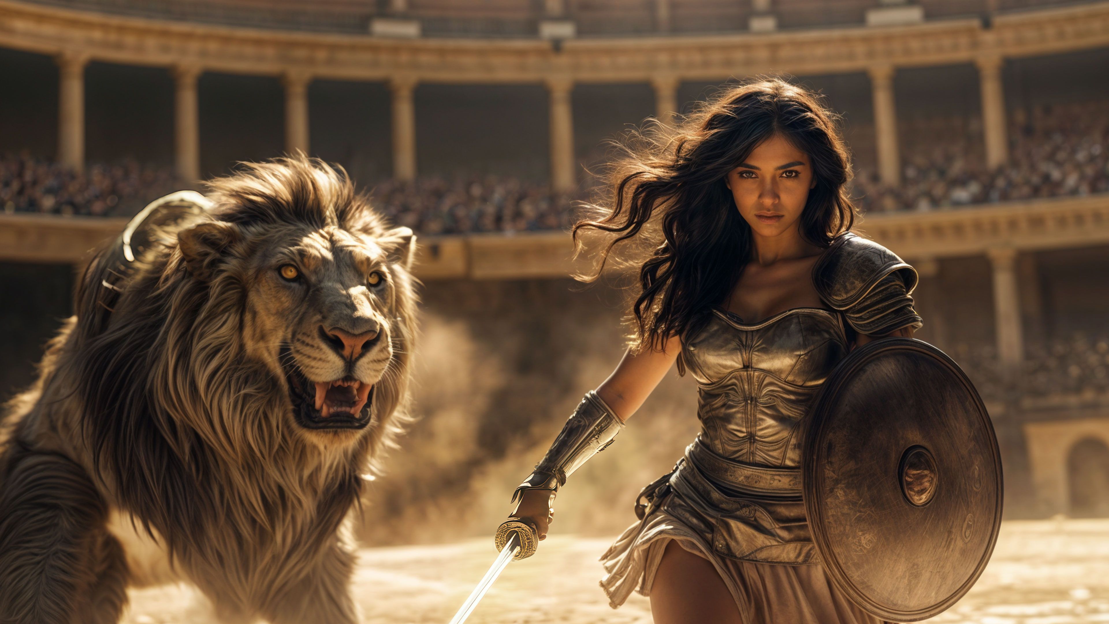 Heroic Woman And Ferocious Lion In Arena 4K Wallpaper