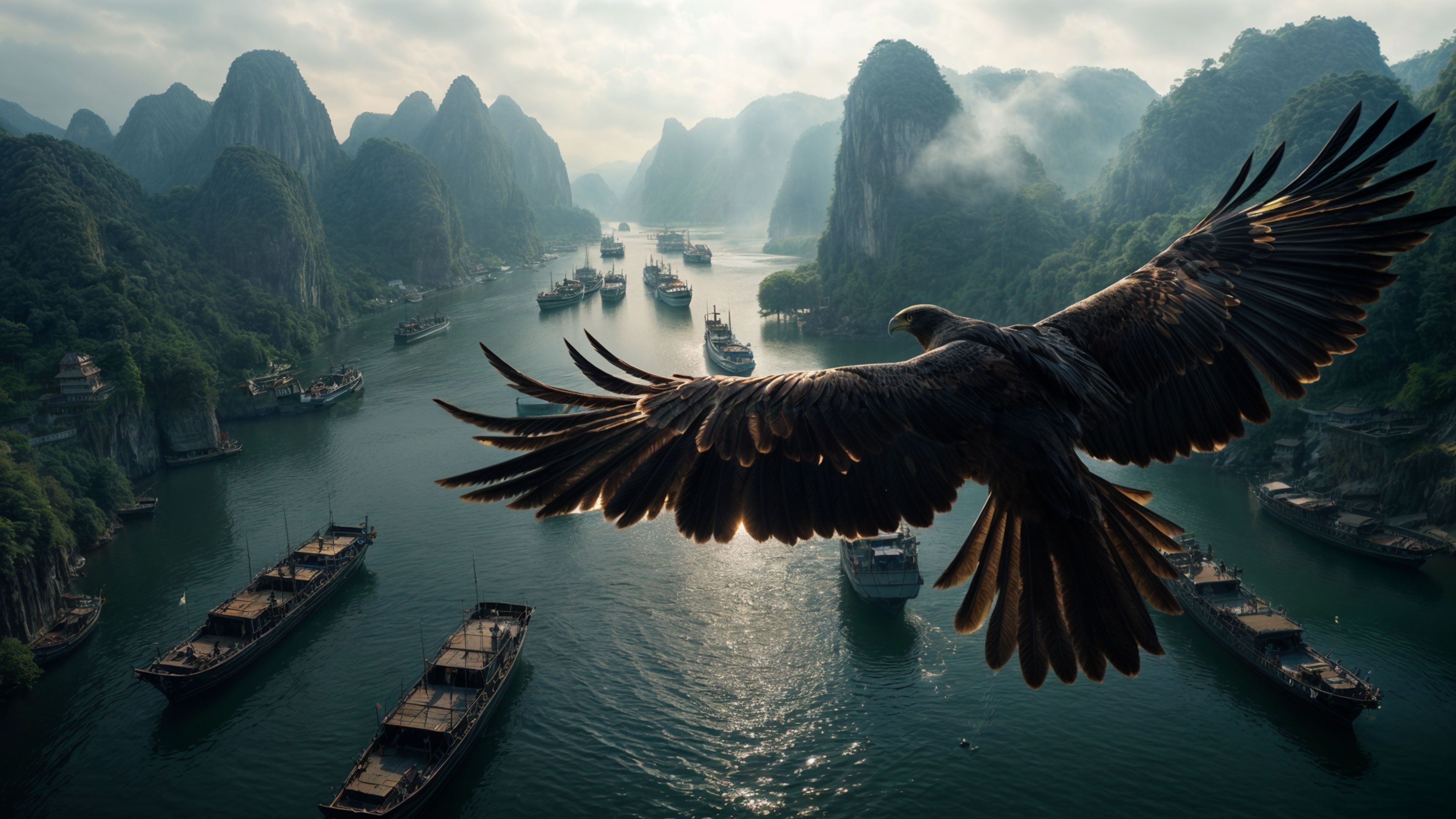 Eagle Soaring Above Ancient Waters 4K Wallpaper