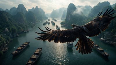 Eagle Soaring Above Ancient Waters 4K Wallpaper